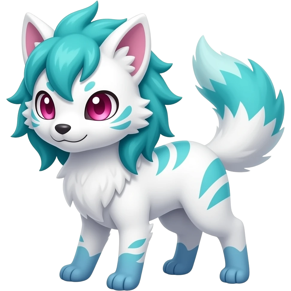 White elegant beautiful natural cute badass epic anthro modern albino Trico-vernid-Fakémon with cyan mane and magenta eyes with cyan edgy stripes, anthropomorphic, two-legged, digitigrade, full body emoji