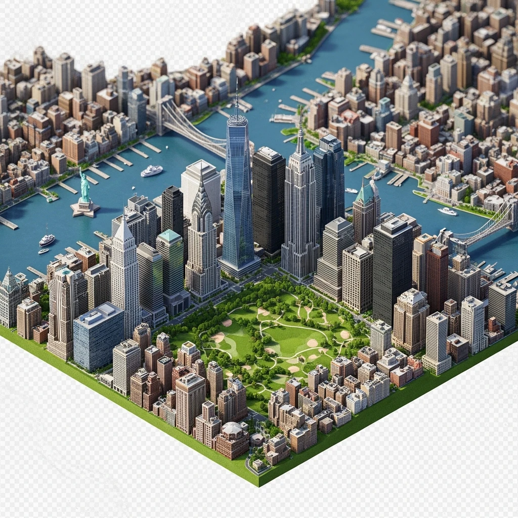 Isometric miniature of New York Сity Empire State Building, Chrysler Building, One World Trade Center, Statue of Liberty, Brooklyn Bridge, and Central Park chaotic low-rise blocks in outer boroughs 3D miniature effect and Tilt Shift effect, no cartoonish look, transparent background. emoji