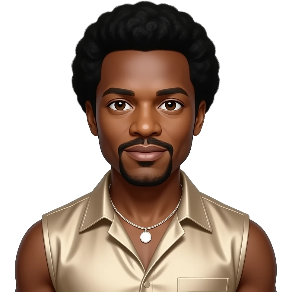 Philip Bailey from Earth,Wind and Fire with dark brown eyes, black afro, beige metallic sleeveless shirt, white necklace emoji