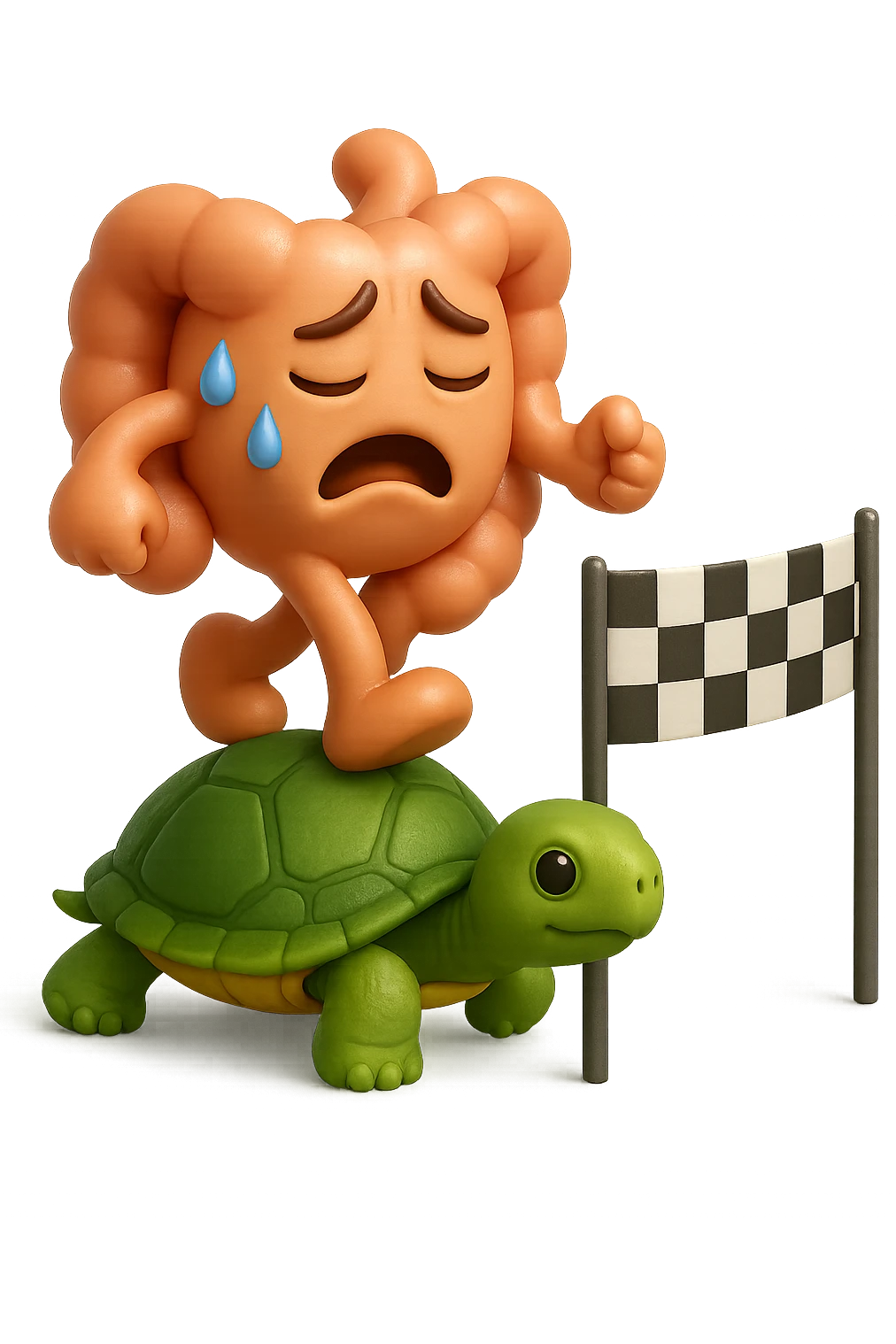  EMOJI STILE IPHONE 3D DI UN INTESTINO CON ESPRESSIONE ANGOSCIATA CHE CAMMINA SUL GUSCIO DI UNA TARTARUGA IN ATTESA ESTENUANTE DI RAGGIUNGERE UN TRAGUARDO POCO PIù AVANTI, SULLA LORO DESTRA. IL TRAGUARDO è UNA BANDIERA A DUE PIEDI CON FASCIA A SCACCHI BIANCHI E NERI. iperrealistico 4k emoji