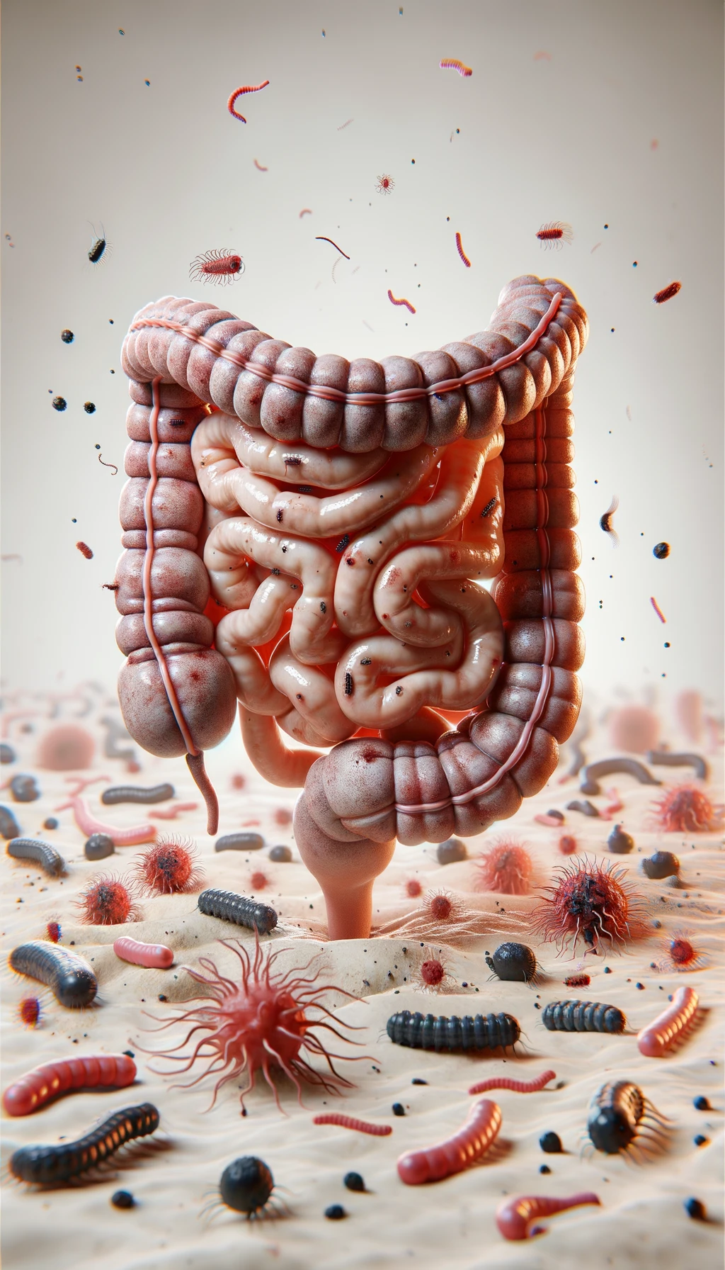 INTESTINO UMANO ANATOMICO REALISTICO CIRCONDATO DA PARASSITI E BATTERI INTESTINALI, IPERREALISTICO 4K, sfondo chiaro neutro emoji