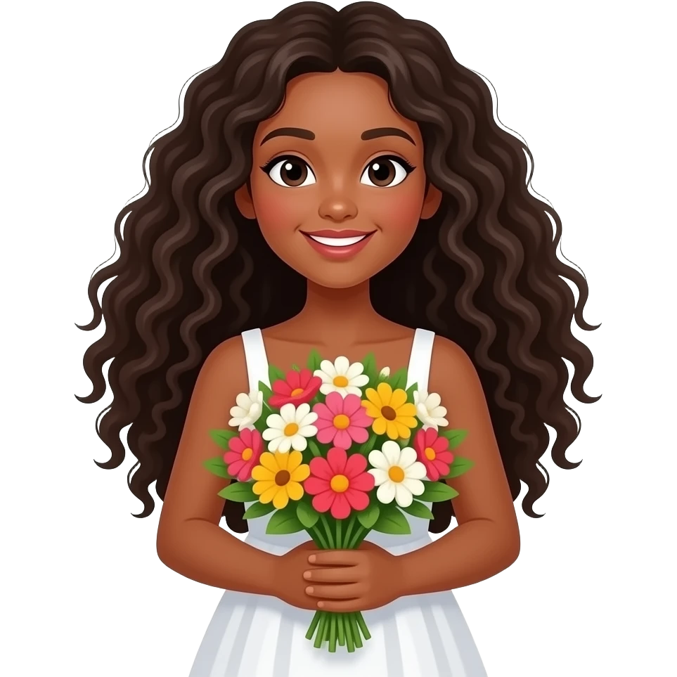 light skinned long curly haired girl holding big bright bunch of flowers. White dress emoji