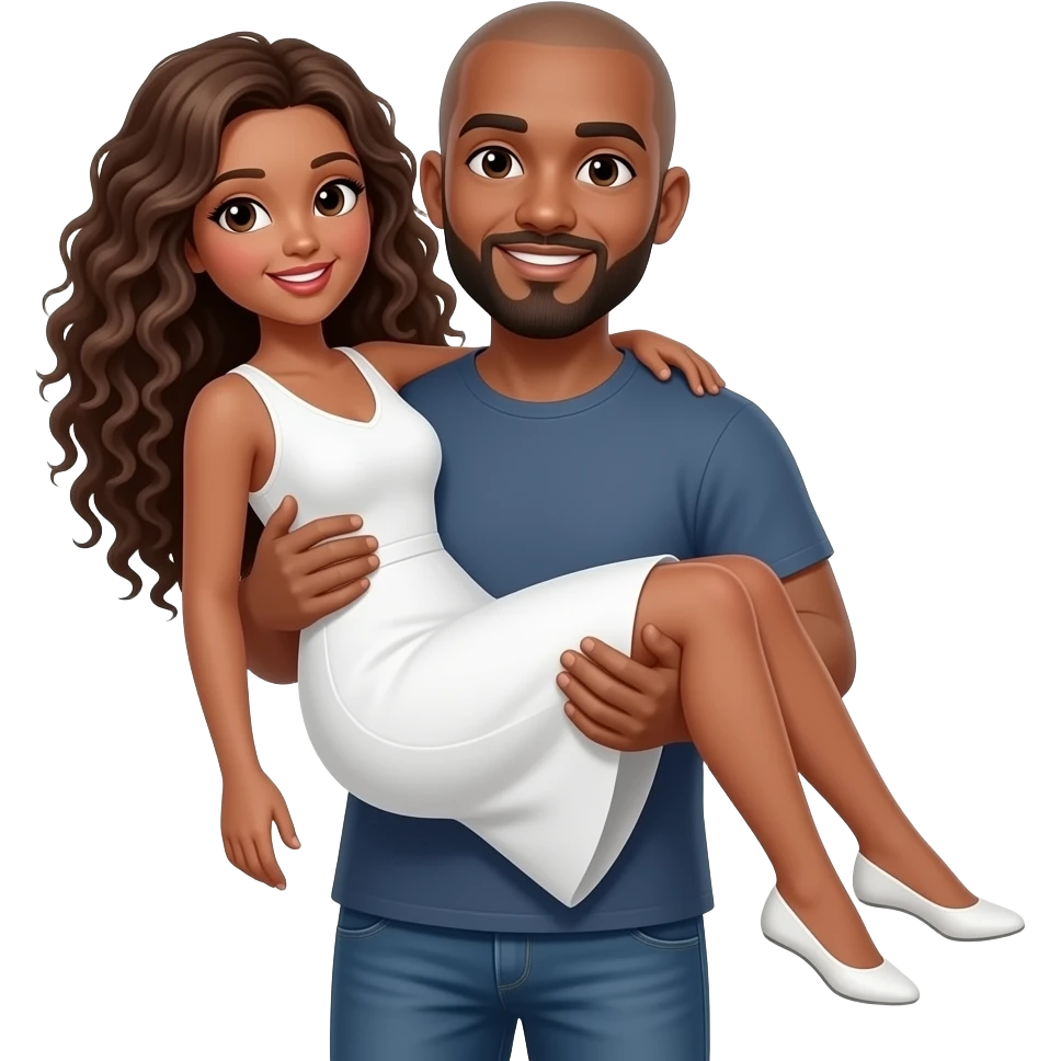 Black bald bearded with no mustache, Muslim man, bald, no hat, holding a white, long curly brown haired white female  No mustache on man With a bald head with nothing on his head With no hat on his head only skin showing on his bald head Square standard square Muslim hat emoji