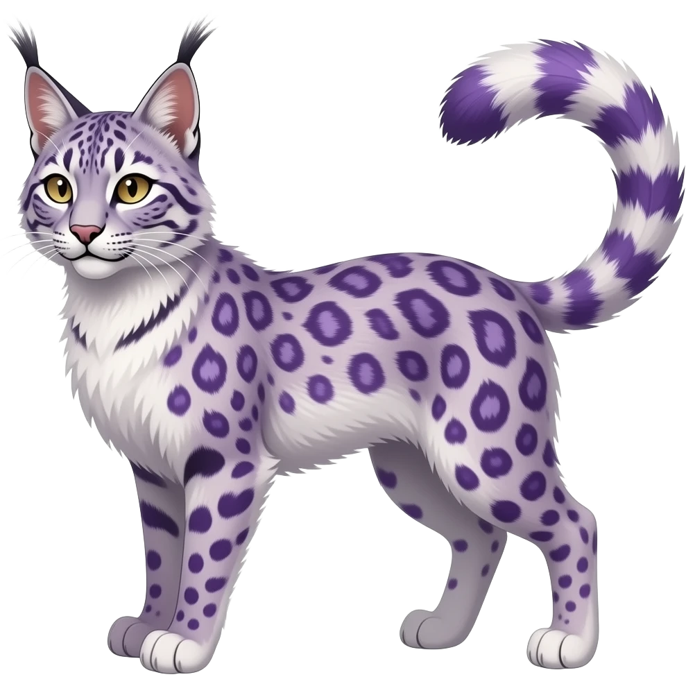 realistic elegant lanky feathery, thistle-purple, whitish, fantasy-caracal-civet-snow-leopard-bobcat-genet-animal-Fakémon-hybrid, long thin tufted tail emoji