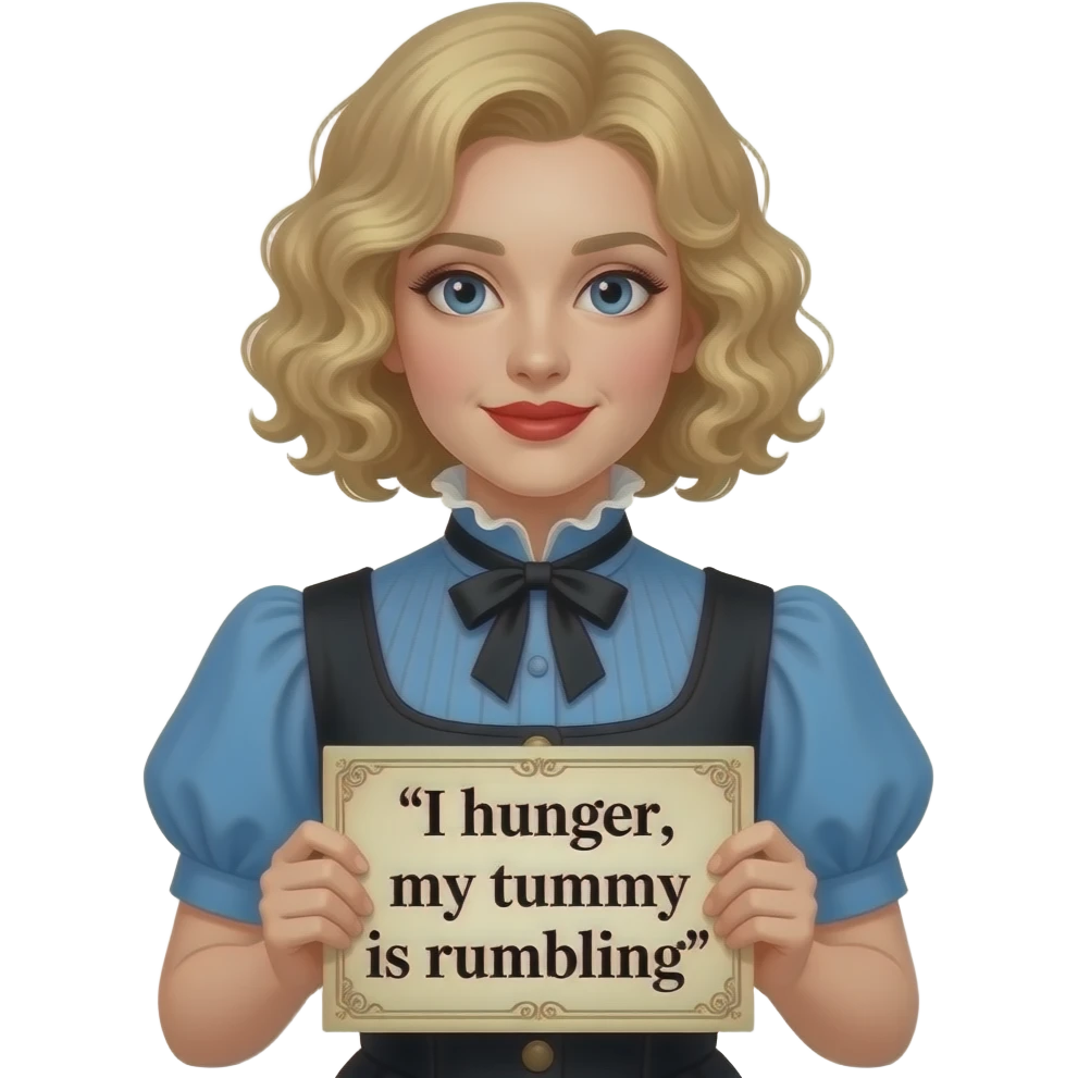 short blonde with spiral curly hair side swept bob with a vintage sign in an 1800 outfit in red lipstickmile, red lipstick with a sign saying I hunger, my tummy is rumbling in a blue and black short sleeve blouse emoji