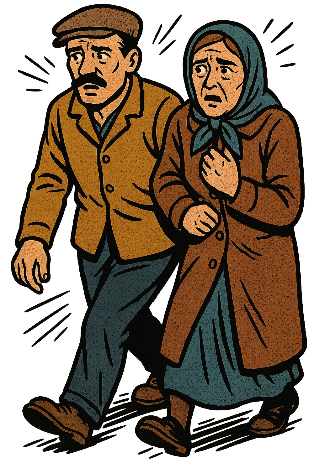 A poor eastern european husband and wife looking worried while walking outside emoji