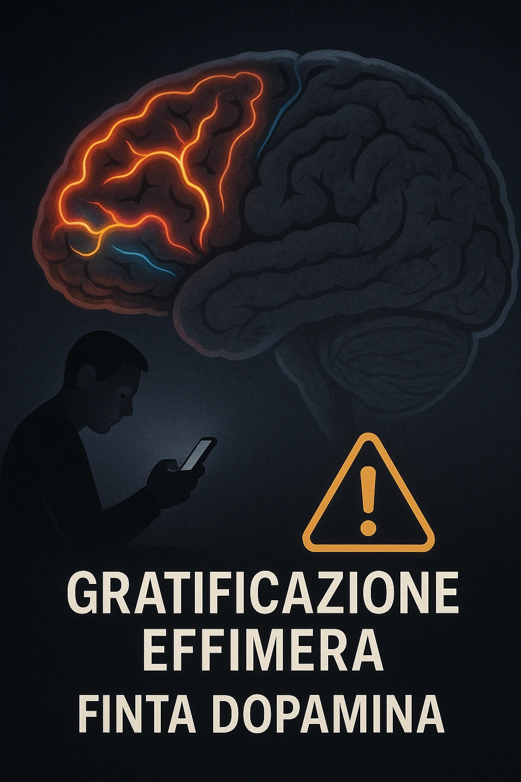 a brain is shown with bright, neon pathways lighting up as a person watches explicit content on a device. The pathways fade rapidly, and a warning icon appears with the Italian phrase “Gratificazione effimera” or “Finta dopamina.” The mood is cautionary and educational. emoji