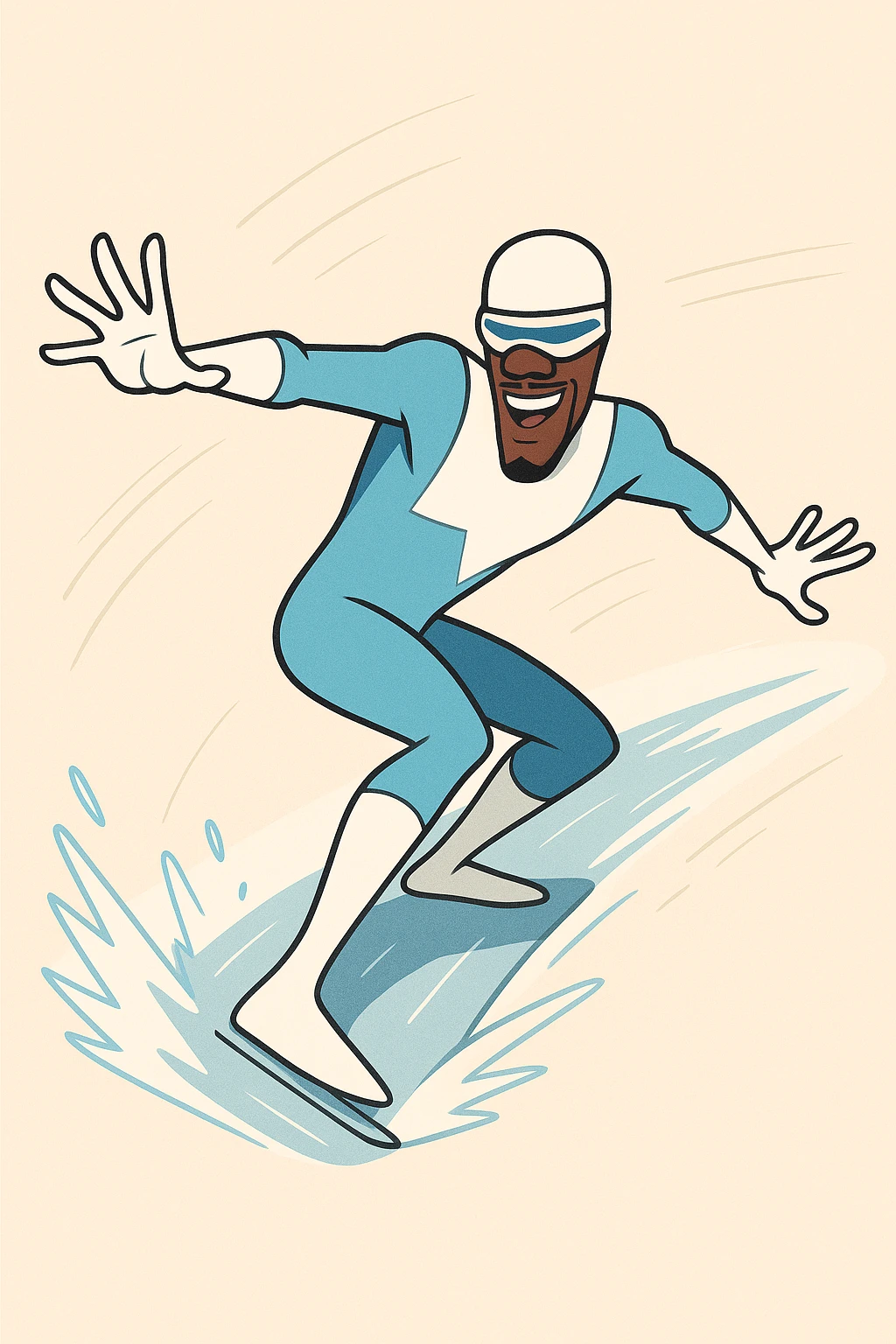 Frozone superhero, sliding on ice, blue and white costume, goggles, energetic, modern comic style emoji