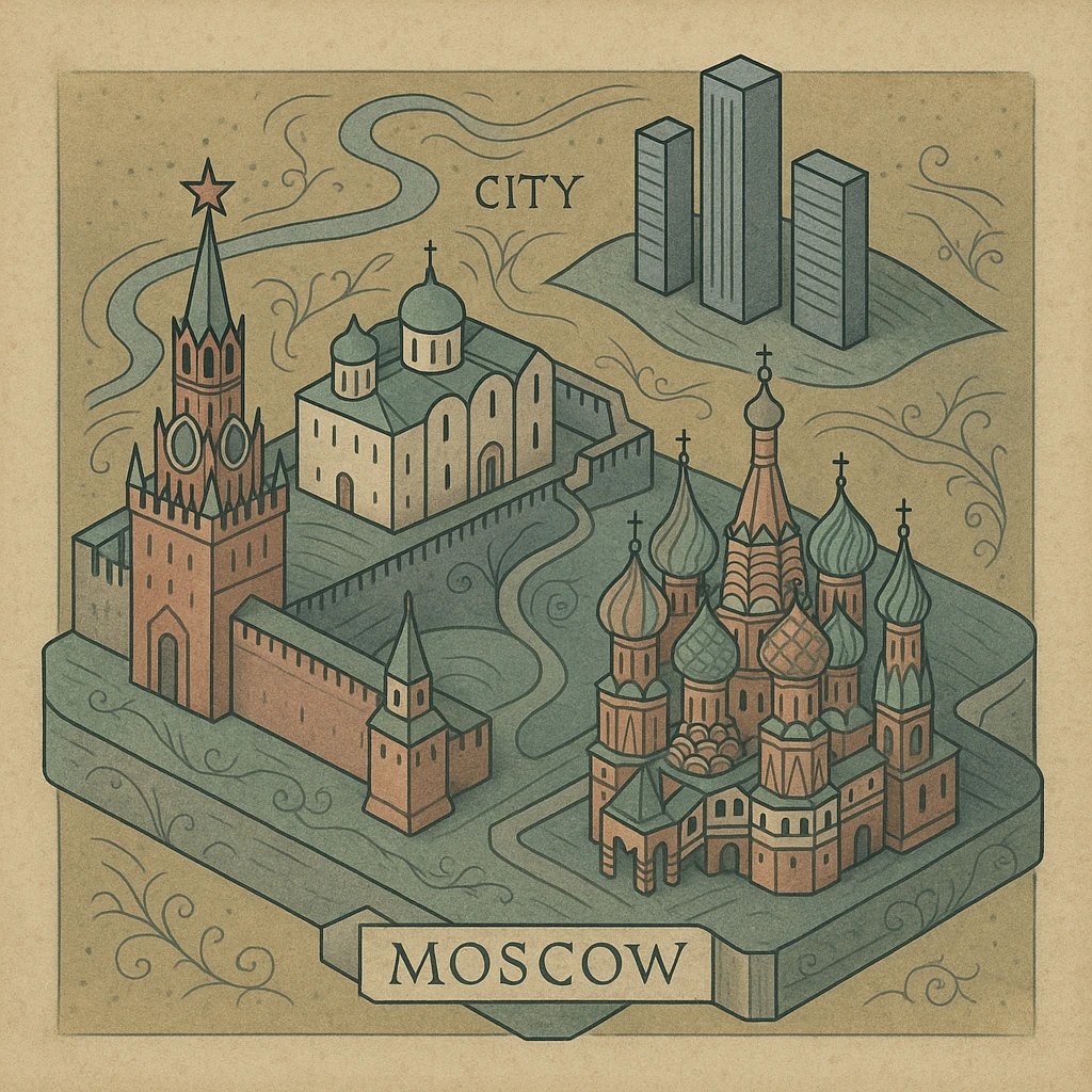 Изометричная миниатюрная 3D модель Москвы - Кремль, собор Василия Блаженного, Сити,  аккуратная детализация, мультяшный реализм, компактная композиция,  вид сверху в изометрии emoji