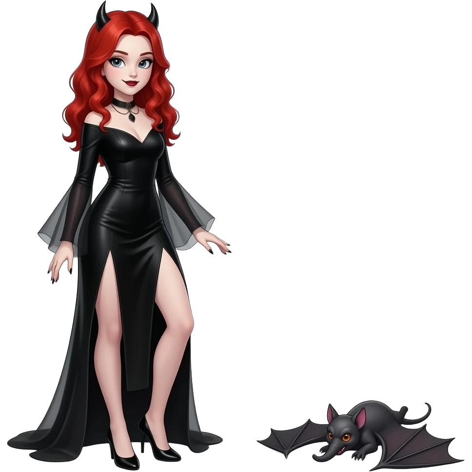 Vampiro femmina adolescente con la pelle bianca e i capelli rossi che indossa un vestito lungo nero e le maniche a zampa d' elefante e guarda il suo pipistrello che si rotola per terra è felice emoji