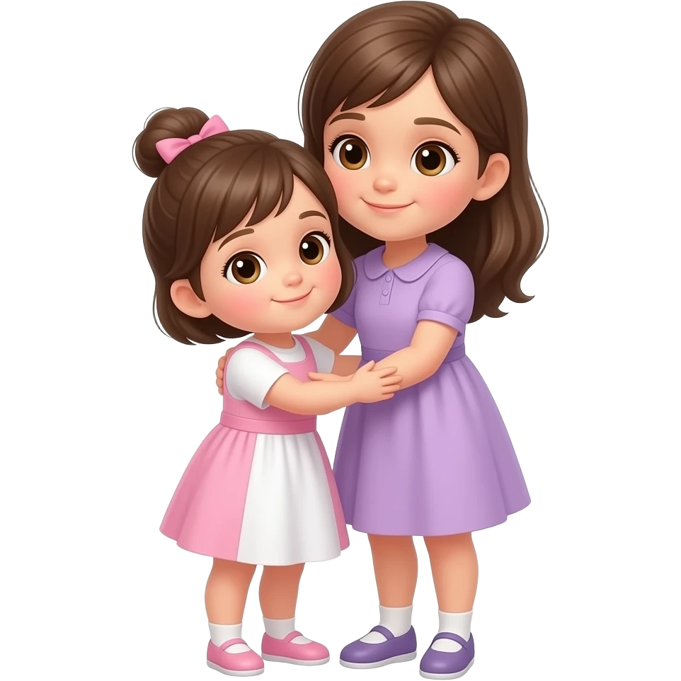 Niña de 1 año y 8 meses, de cuerpo completo, ojos cafés claros con cabello castaño, vestido rosa con blanco y cabello corto recogido en un chongo. Otra niña de 5 años con vestido lila, cabello castaño y ojos café claro, de cuerpo completo, ambas abrazadas. emoji