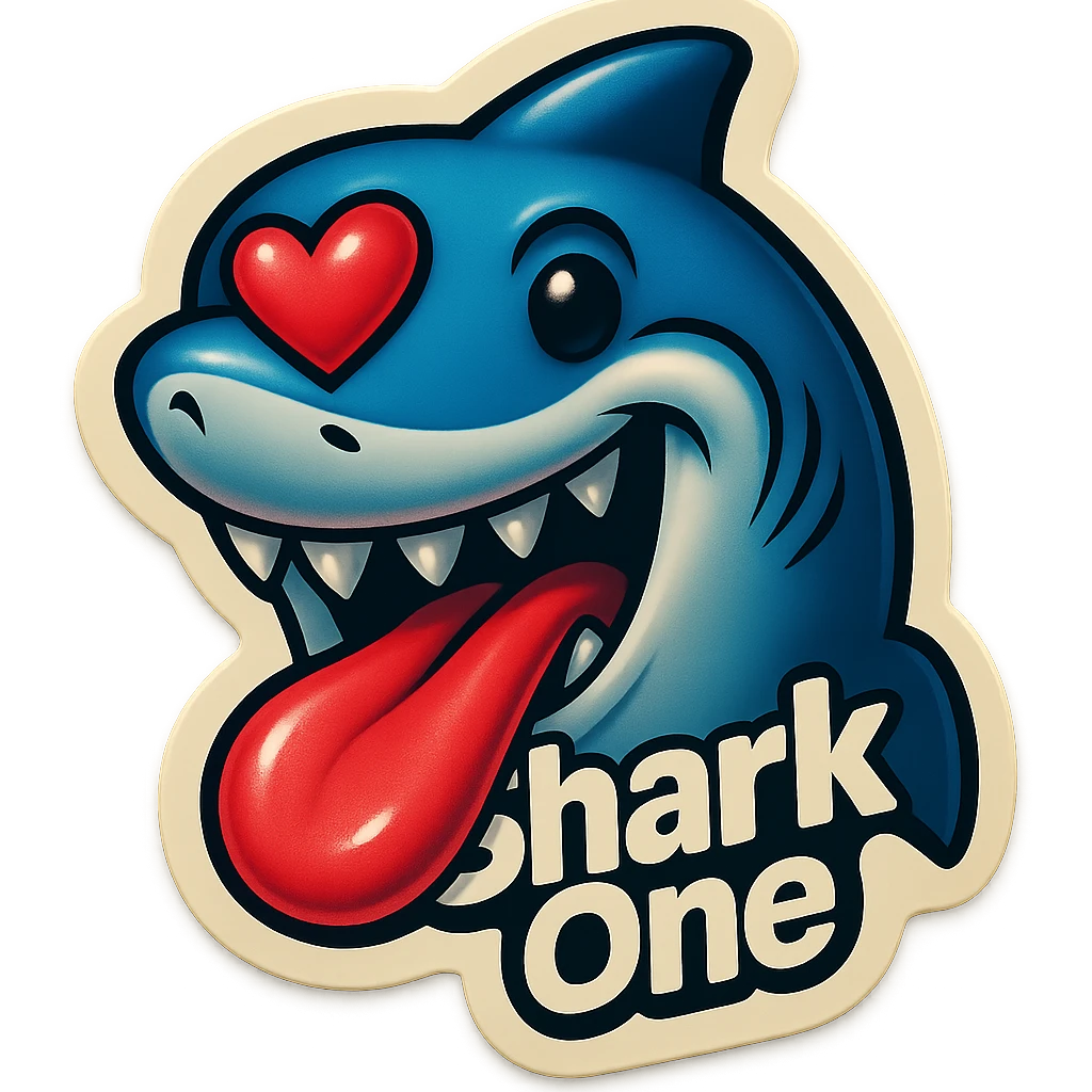 mouth open with tongue out
heart shaped eye
add the words “ Shark One " in White emoji