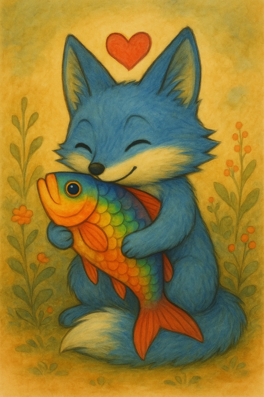 Add a red heart above the blue fox and rainbow fish in ghibli style. emoji