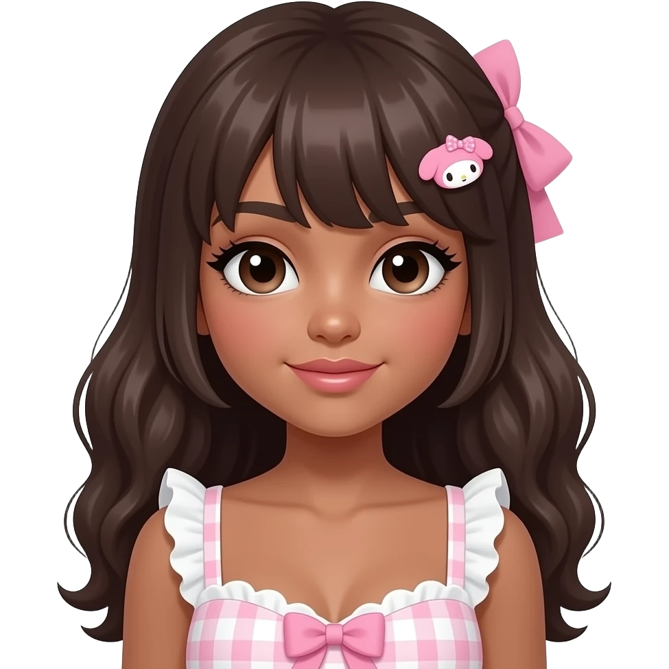 Gyaru makeup, my melody hairclip, cutecore, doll eyes, Doll, big chest, dark brown skin, with half up half emoji