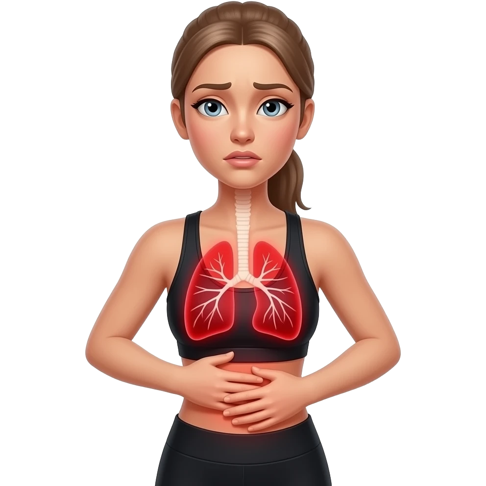 breathing discomfort, full red glow covering chest, ribs, and lung area, woman with hands on ribs, fair-skinned woman, gray-blue eyes, ash brown brows, ash light brown hair tied back, slim athletic body, black workout set emoji