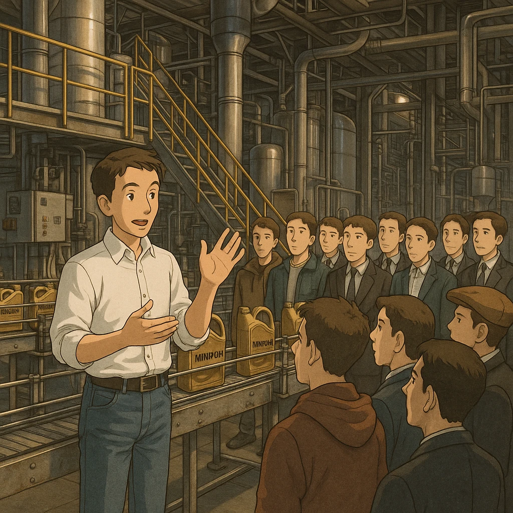 “Create a realistic industrial scene inside a modern motor-oil factory. The image must be in Instagram post size: 1080×1080 pixels, 1:1 ratio.

In the foreground, the factory director is introducing the facility. He is slightly slim, short hair, wearing a clean white men’s shirt and blue jeans, elegant appearance, using hand gestures while explaining.

In front of him, 10–12 male visitors listen attentively; they wear mixed clothing: some streetwear, some casual, some classic suits.

Background shows real production equipment, pipelines, steel structures, and conveyor lines used in motor-oil manufacturing. Use ONLY original Winiron canister design, no other brands. No label changes.

Cinematic lighting, premium look, realistic industrial atmosphere, sharp details, high-quality composition.” emoji
