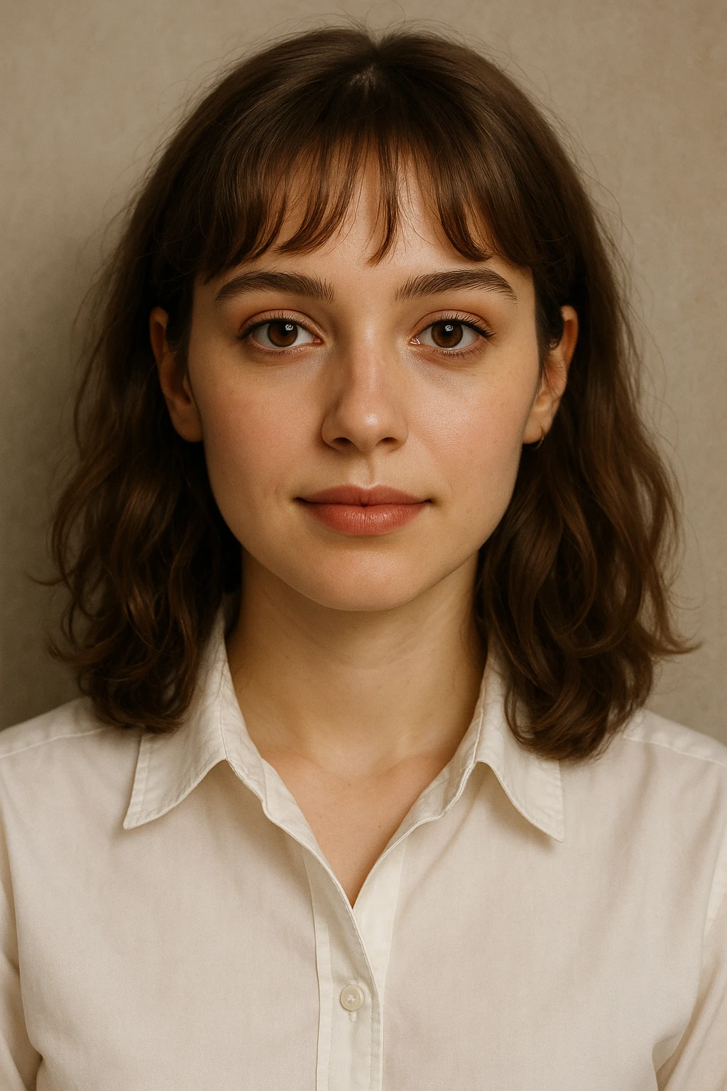 portrait of a 22-year-old young woman with brown eyes, light brown shoulder-length hair that is slightly curly and has bangs, wearing light makeup and a white dress shirt emoji