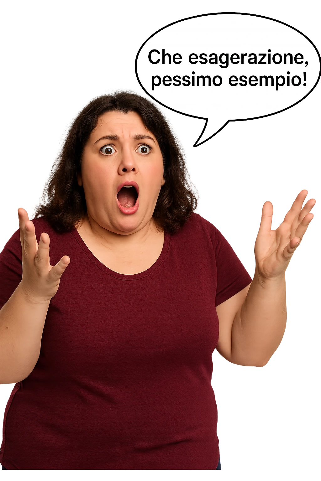 Donna grassa che dice scioccata "Che esagerazione, pessimo esempio!" emoji