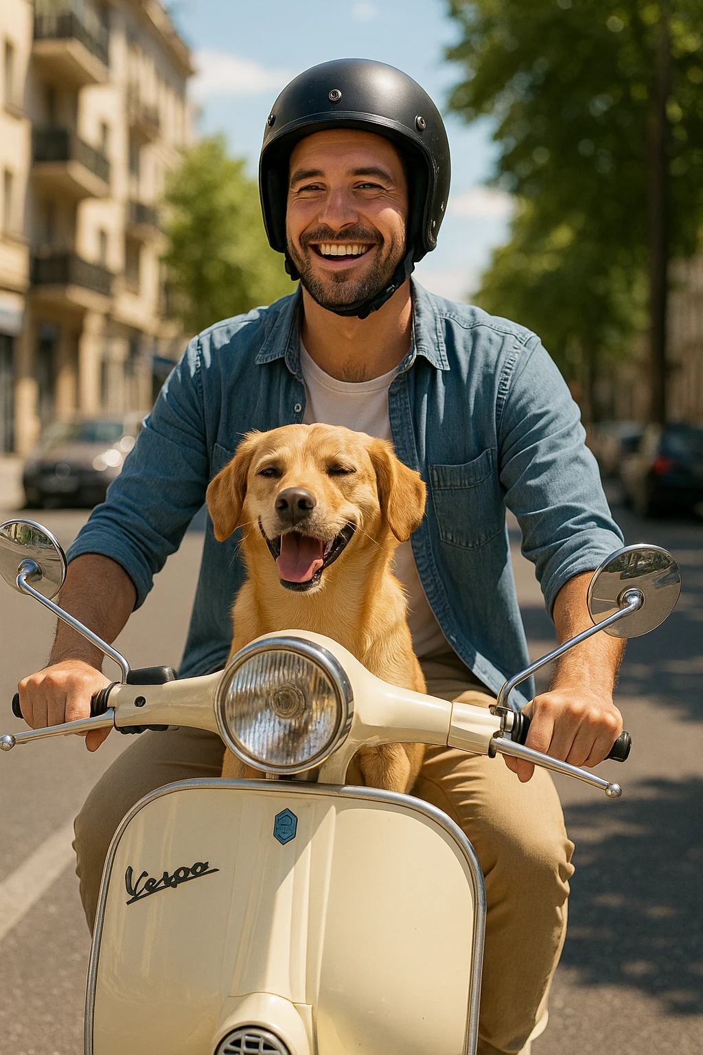 man and his pet dog riding a vespa emoji