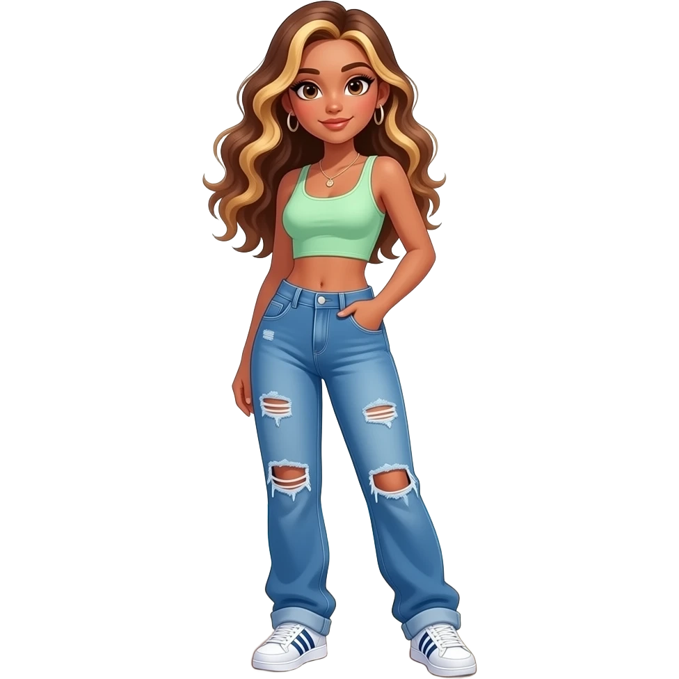 preppy teenage girl, tan, blonde highlights, brown long hair, long eyelashes, beach aesthetic, wearing cute clothes, sexy, wearing ripped blue long baggy jeans with a pastel green revealing crop top, wearing Somba Adidas emoji