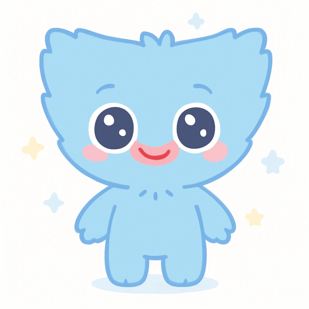 Huggy Wuggy character, blue furry monster with big eyes and wide smile, simple and cute, kawaii style emoji