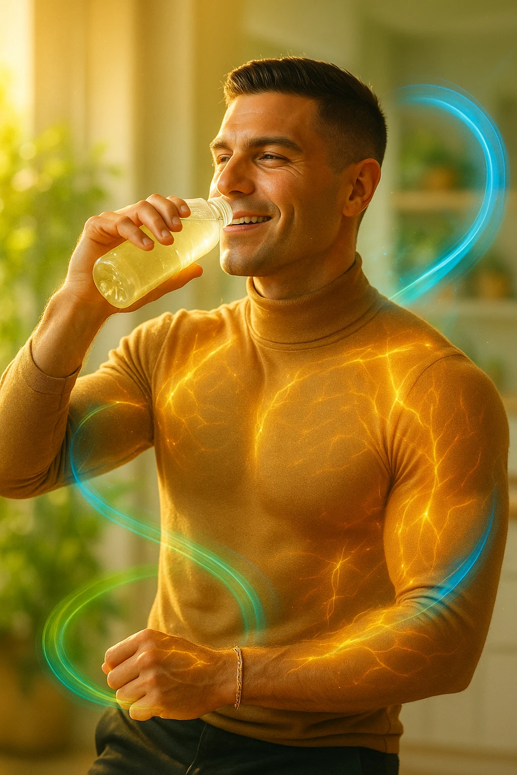 Athletic man around 30 years old, early morning, drinking a transparent electrolyte-rich beverage from a bottle. Body illuminated by natural golden light, with a light energetic aura around muscles symbolizing regeneration and recovery. Relaxed and vital expression, hydrated and glowing skin. Around him, light and colorful flows (blue, green, orange) represent electrolyte balance: sodium, potassium, magnesium. Natural environment or modern minimalist kitchen. Positive, clean, and invigorating atmosphere. Vertical 9:16 format. Inspired by the face in the reference photo. emoji