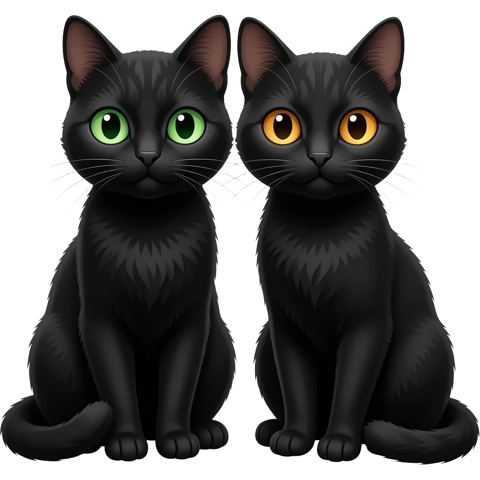 Two black cats sitting close together, one with green eyes and one with amber eyes emoji