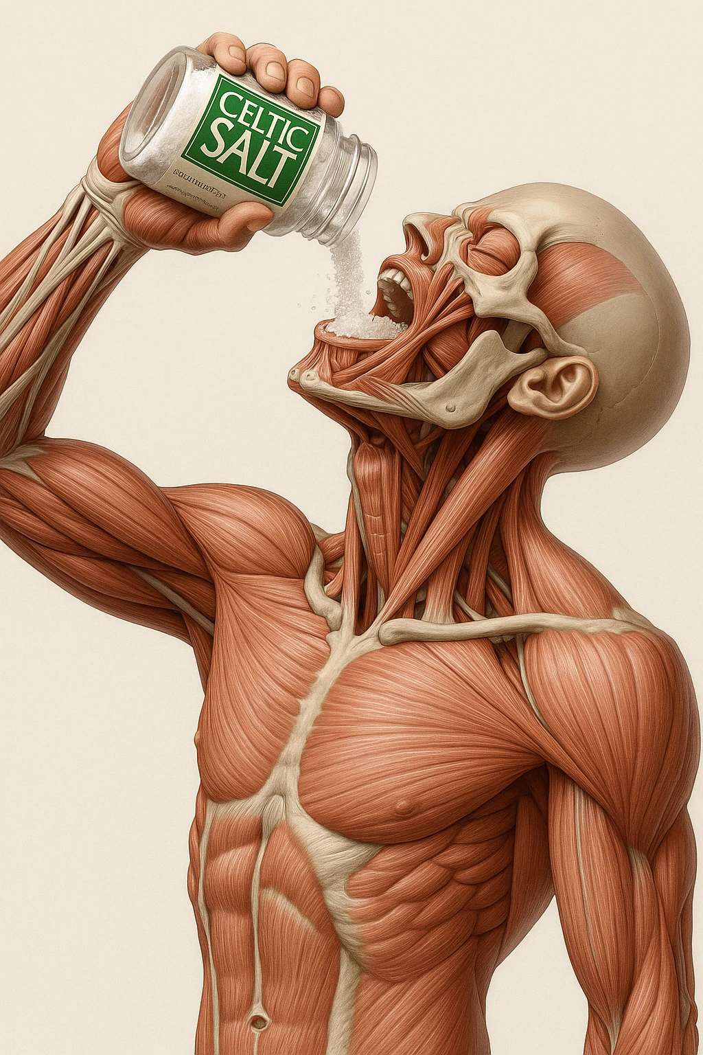 Create a vertical hyperrealistic 4K medical illustration exactly matching the style and composition of the reference image. The subject is an anatomically accurate human body holding a jar labeled 'CELTIC SALT', pouring salt into his mouth. The background should be neutral and clear. The image must be extremely detailed, vertical format, with the same pose and lighting as the reference. emoji