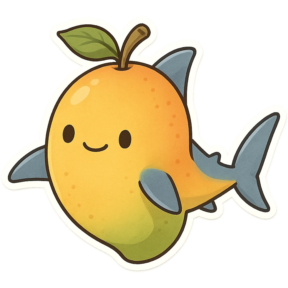 a mango with shark fins and a tail, cartoon style, playful and imaginative emoji