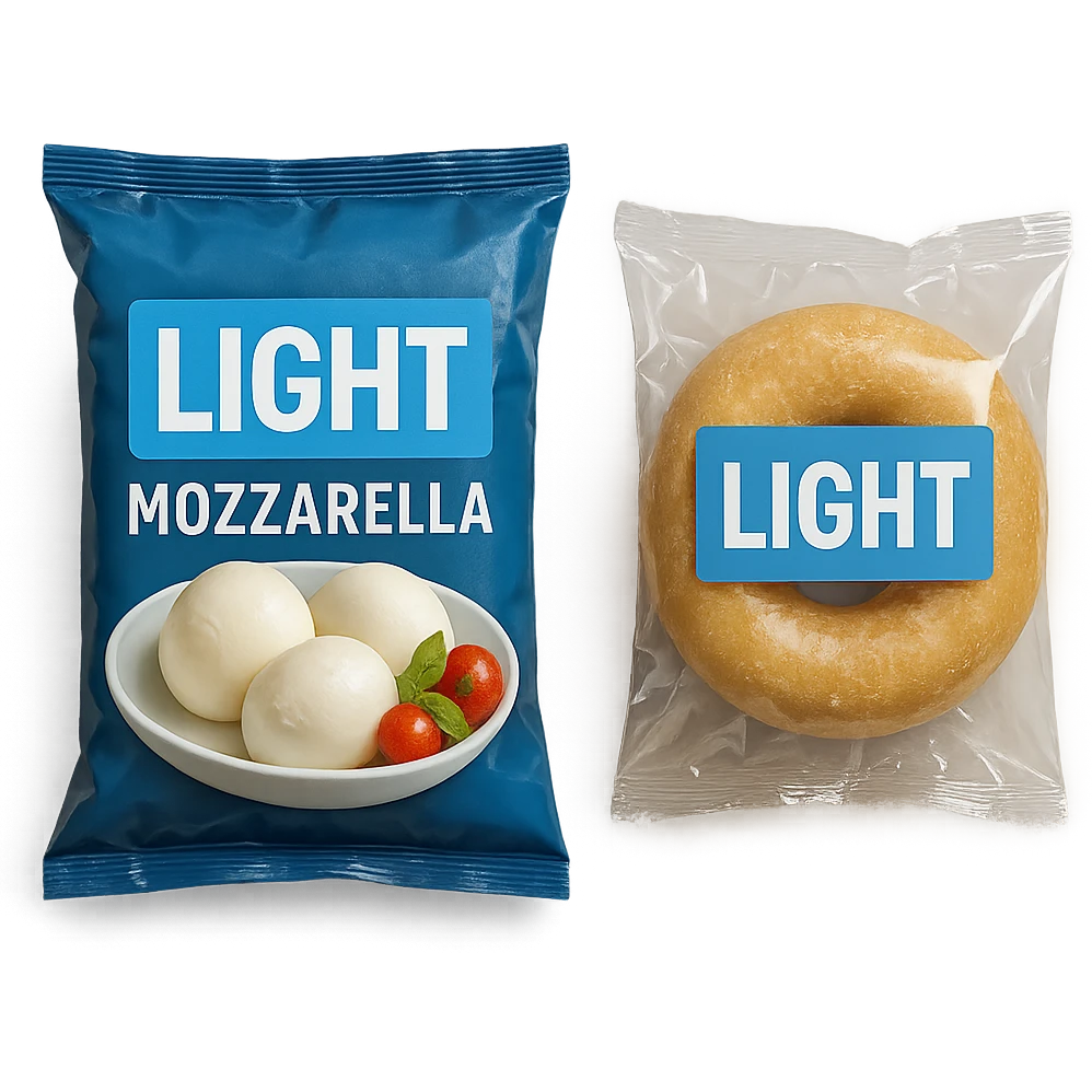 PACCHTTO DI MOZZARELLA LIGHT CON LA SCRITTA "LIGHT" SULLA CONFEZIONE, ACCANTO AD UN DONUT CONFEZIONATO CON LA SCRITTA "LIGHT" SULL'ETICHETTA,  iperrealistico 4k emoji