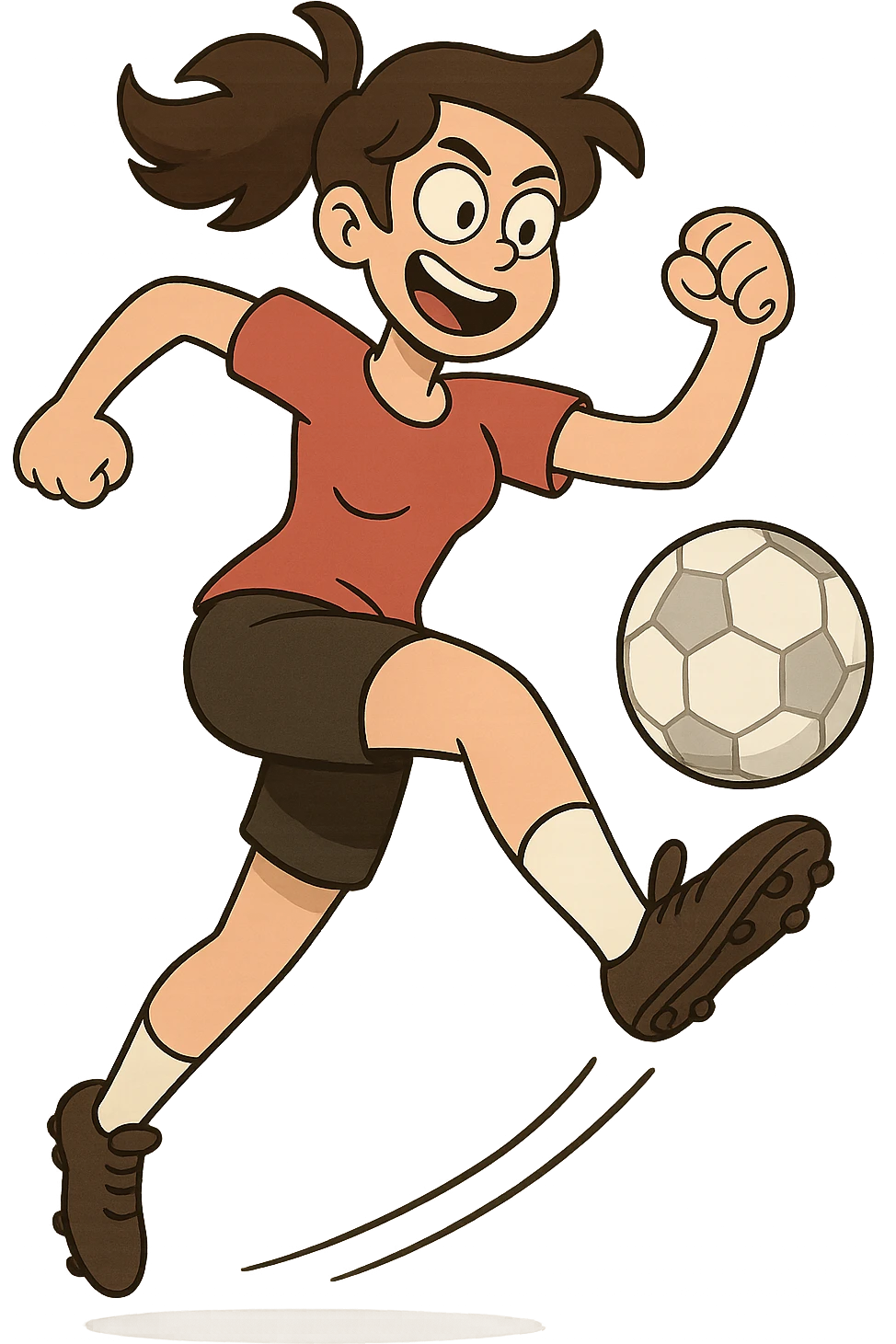 woman playing soccer, wearing a red shirt, energetic pose, clear soccer ball, dynamic action, illustration emoji