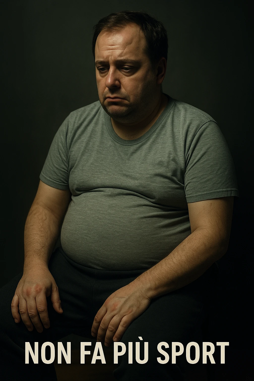 vertical realistic cinematic image of a man who no longer does sports, with a less toned body, sedentary posture, signs of inactivity, clinical dramatic lighting, Italian captions, aspect ratio 2:3 emoji