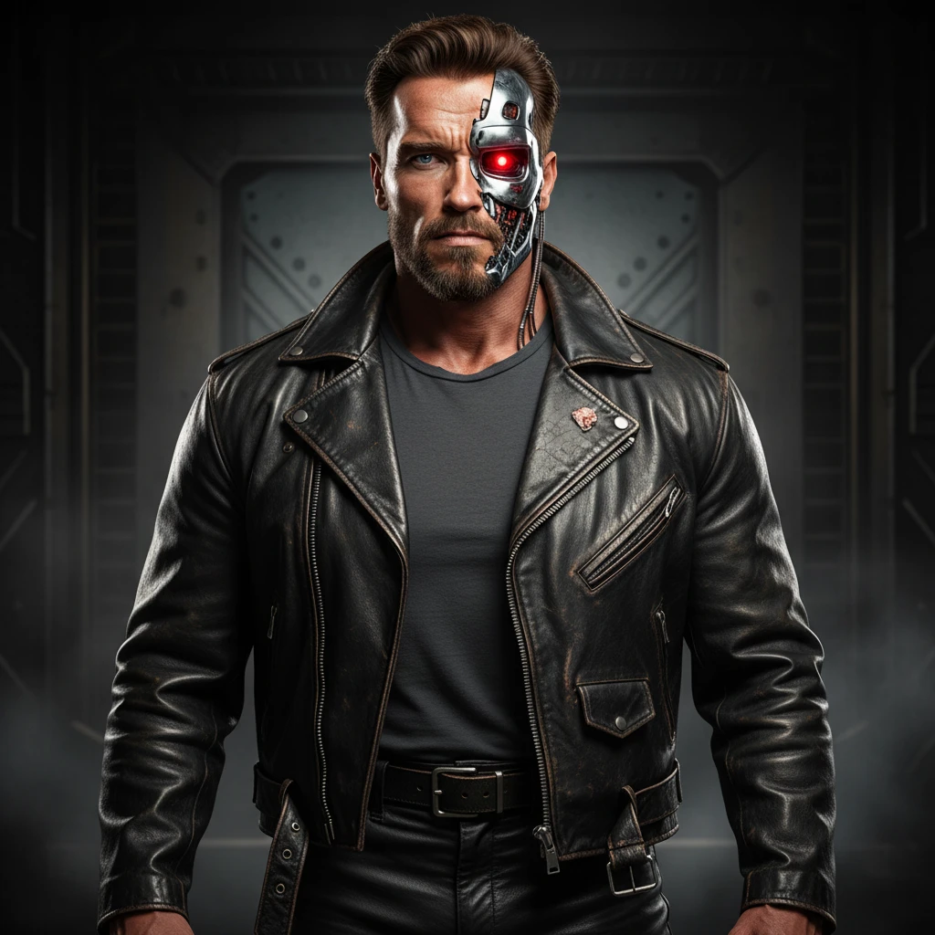 Make this phot of me look buff like Arnold Schwarzenegger in The Terminator, with his biker costume, using my own hairstyle and face. Show half my face as a cyborg with metal and a glowing red eye. I want to look strong, intimidating, and heroic. emoji