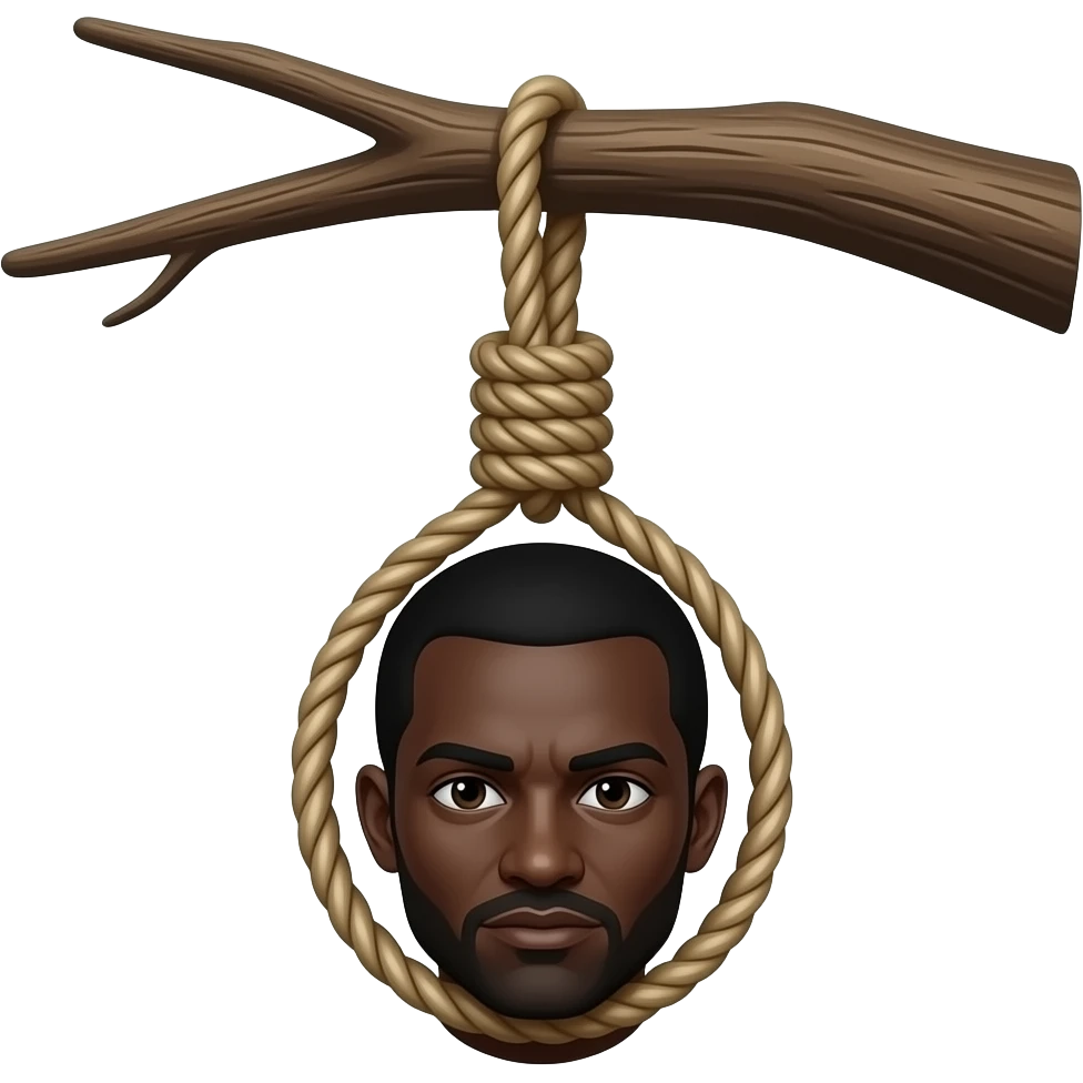 A dangling dead black man being hung by a noose around his neck from a tree branch emoji