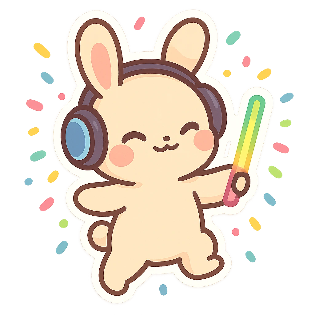 cute rave bunny wearing headphones, holding a glow wand, surrounded by confetti, festive mood emoji