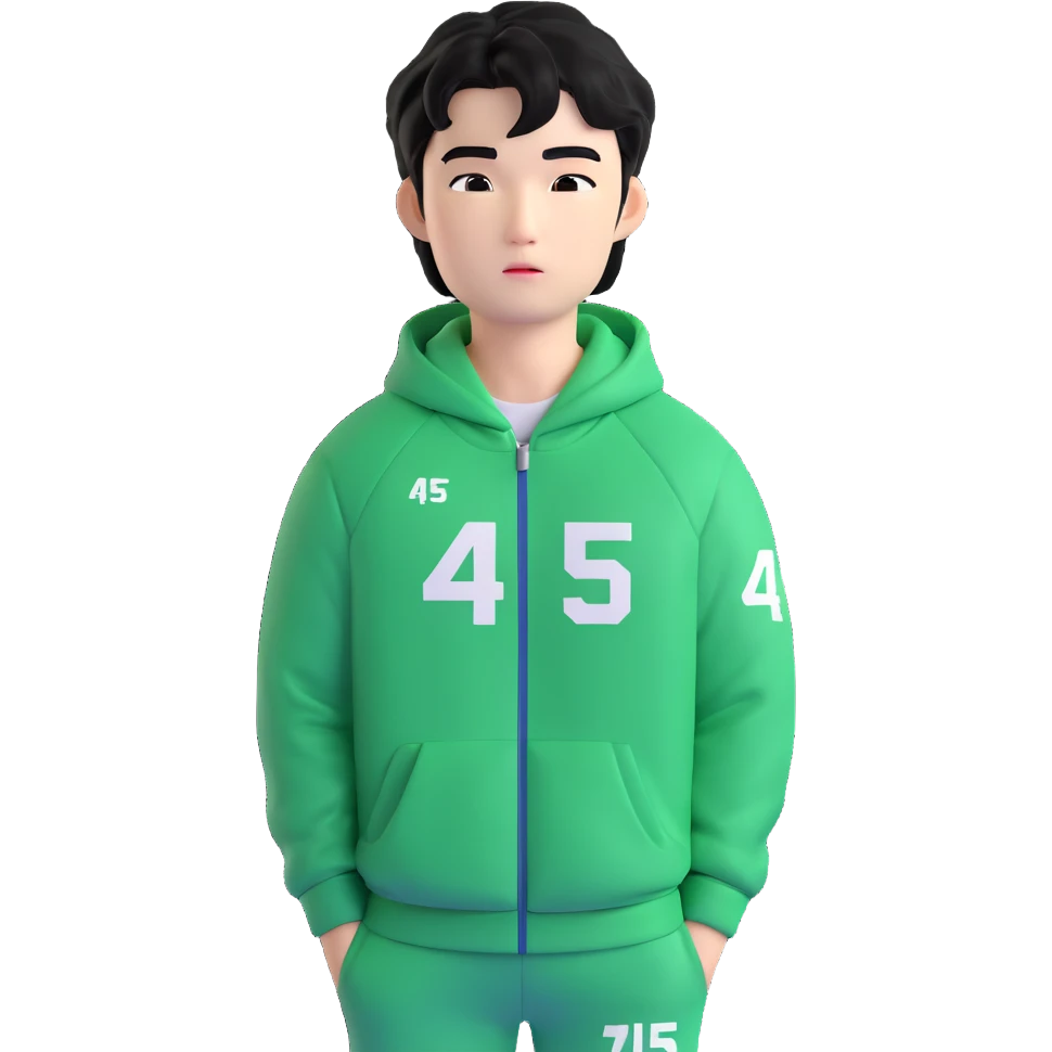 Draw Seong Gi-hun (Player 456), Korean male, messy black hair, green tracksuit with white number 456 printed on chest. emoji