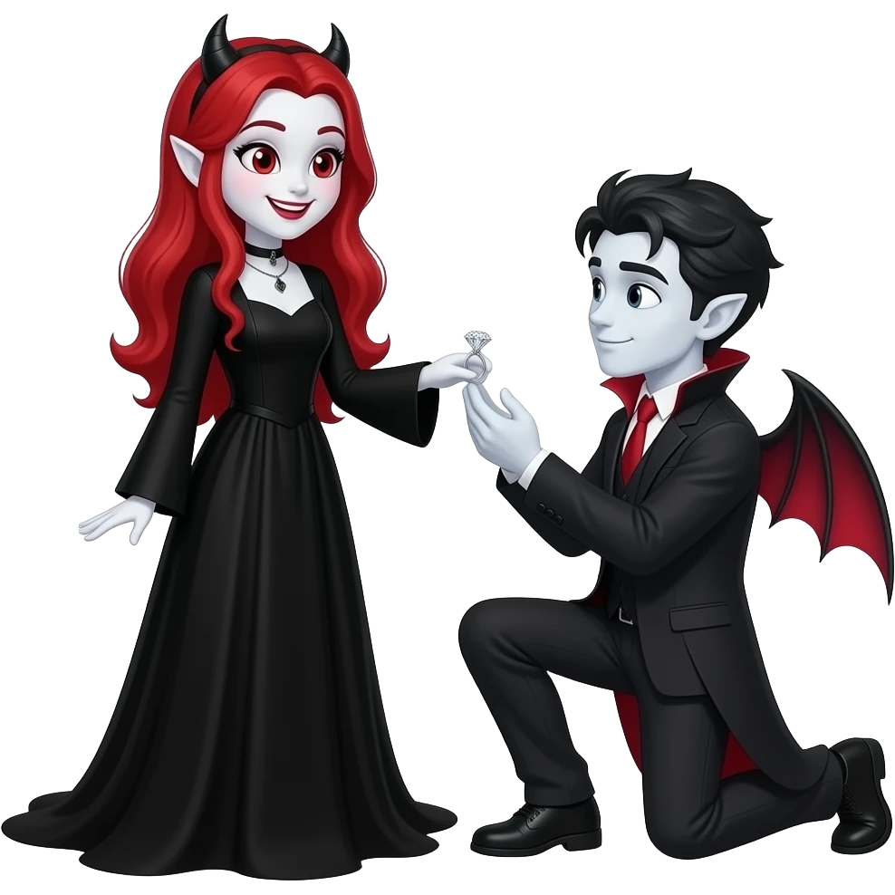 Vampiro femmina ADOLESCENTE con pelle bianca e capelli rossi lunghi indossa un vestito nero LUNGO con le maniche lunghe e il suo ragazzo VAMPIRO ADOLESCENTE con la pelle bianca  si inginocchia e le chiede di sposarlo con un anello d'argento con un diamante ed la ragazza e felice guarda lui emoji