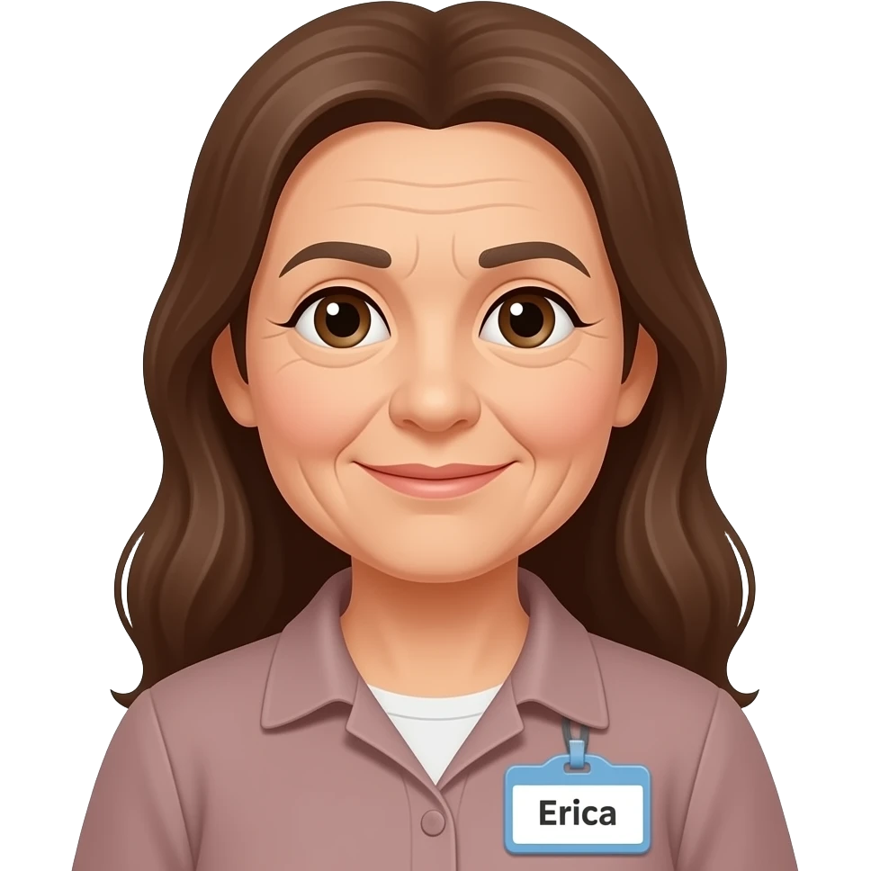 very old disabled lady with long brown hair with name badge that says erica emoji