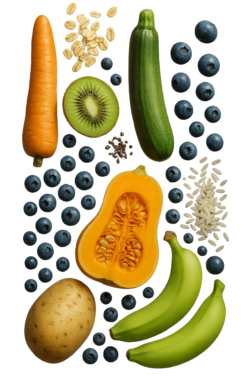 carota, fiocchi di avena, zucchine, kiwi, mirtilli, semi di chia, patate, banane acerbe, zucca, riso fluttuano in aria verticalmente, iperrealistici 4k emoji