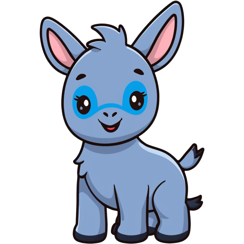cute blue donkey with big eyes and friendly smile, simple flat design emoji