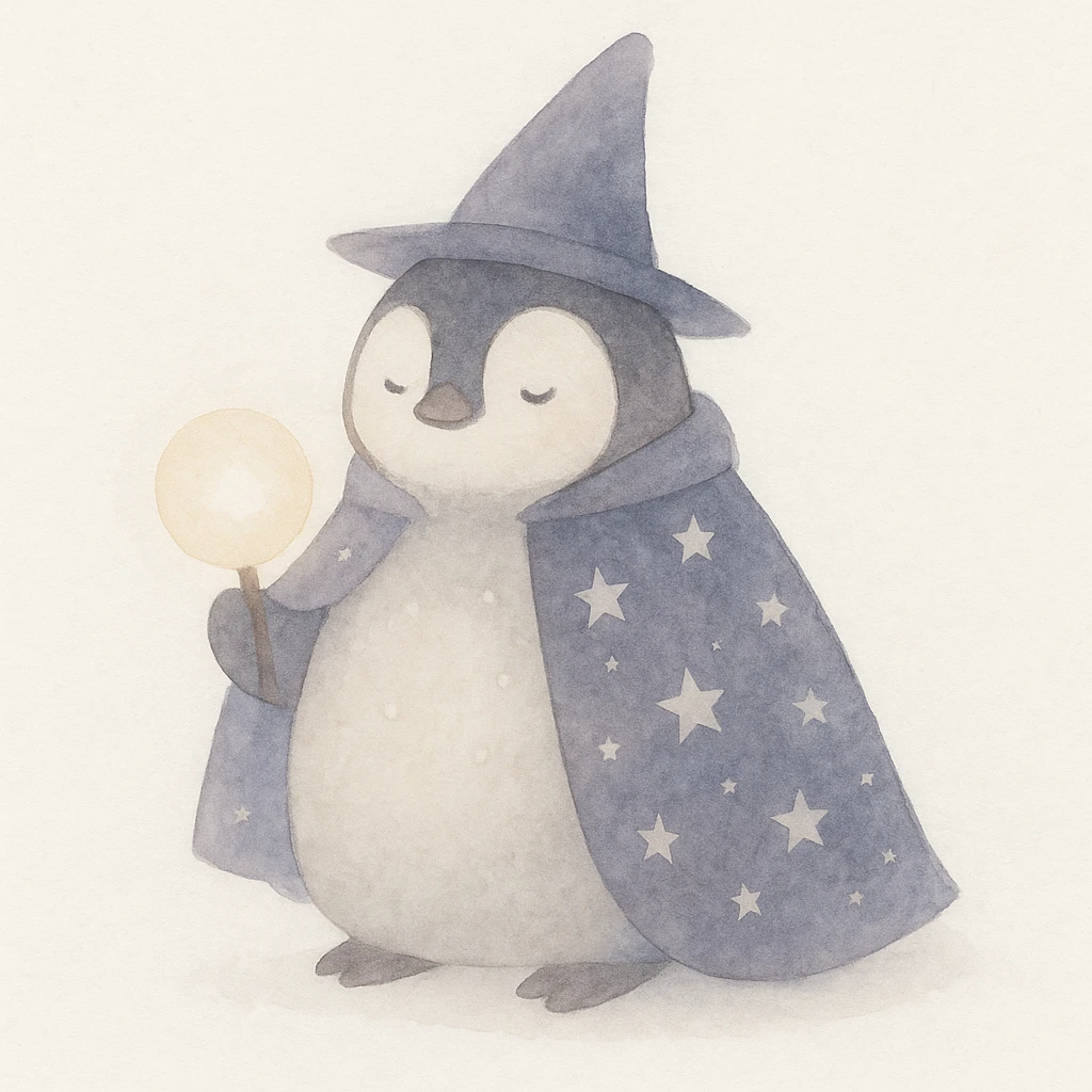 a chubby penguin wizard with a starry cloak and a glowing orb, in a soft, painterly style, watercolor art style emoji
