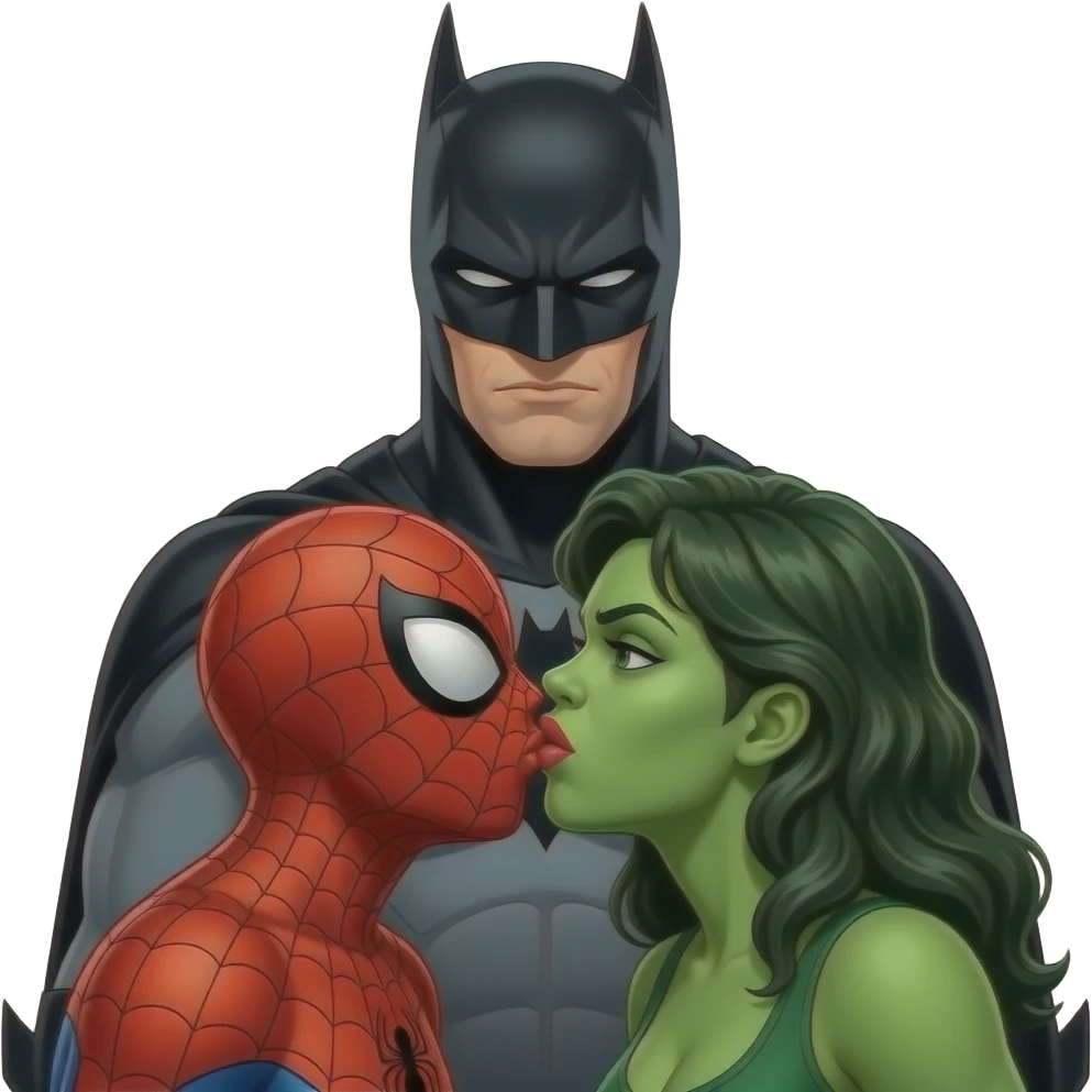 Spider man and hulk woman kiss kiss creepy, batman behind her. bust size view emoji