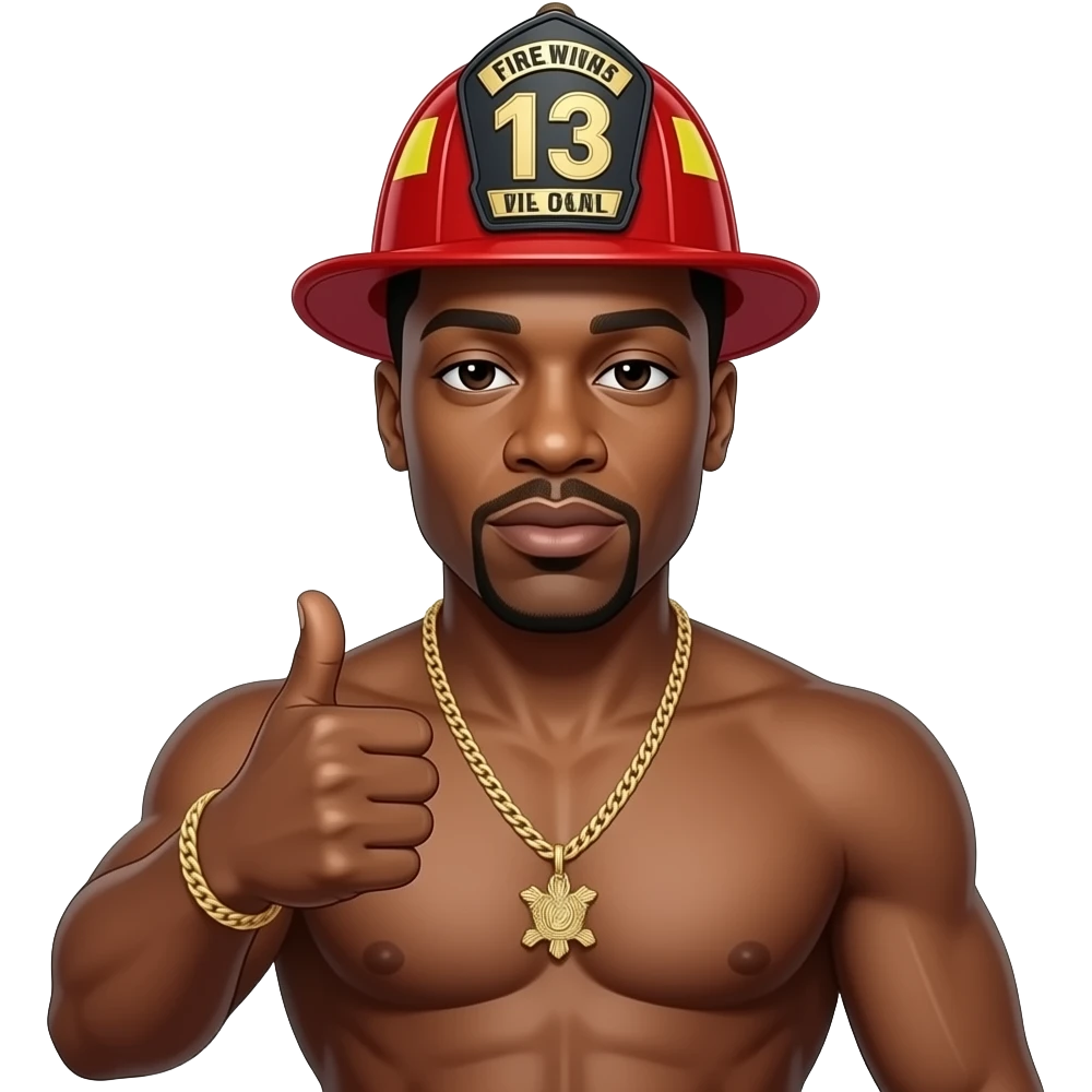 Shirtless Biggie Smalls doing thumbs up wearing a fireman hat emoji