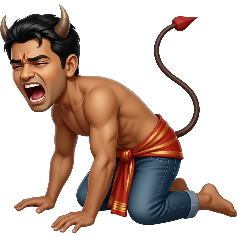Create an emoji of a bengali demon kneeling down and screaming in pain and show it sideways emoji