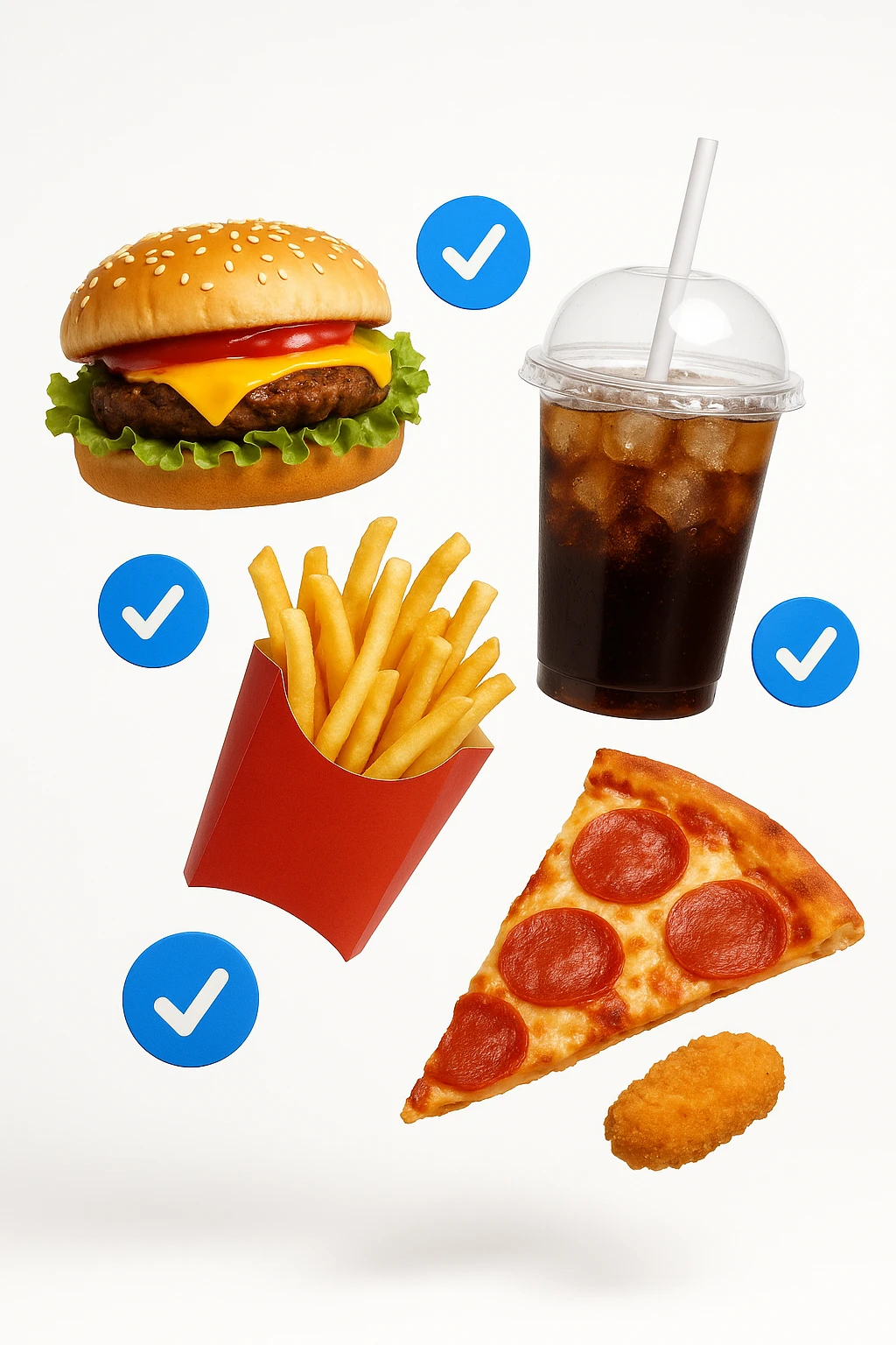 fast food realistico fluttua in aria insieme a spunte di verificato in 3d, sfondo bianco emoji