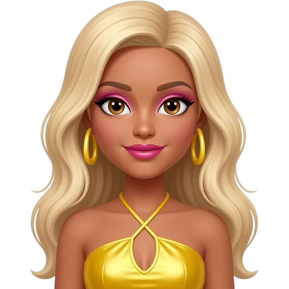 Alonce from Bratz with light brown skin, brown eyes, long strawberry blonde hair, pink and white eyeshadow, hot pink lipstick, yellow metallic halter dress, yellow earrings emoji