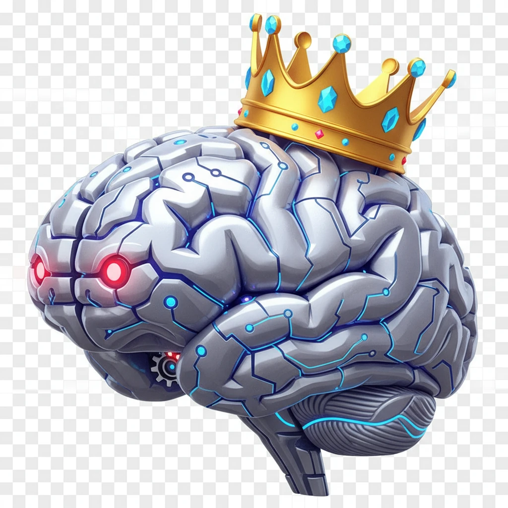 В той же стилистике сгенерируй иконку мозга-робота, на который надета корона, прозрачный фон emoji