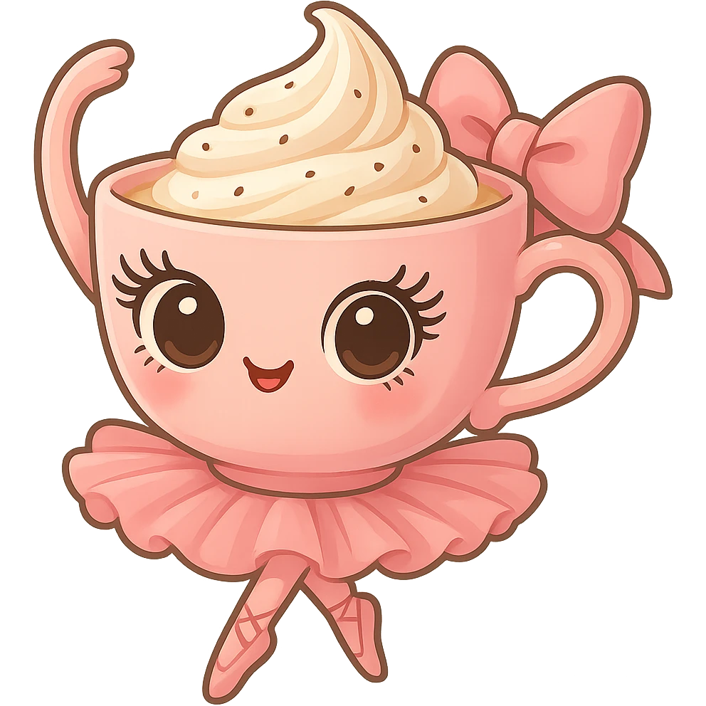 A pink teacup is dancing ballet. It has strange big eyes on it and a big pink bow on the handle. emoji