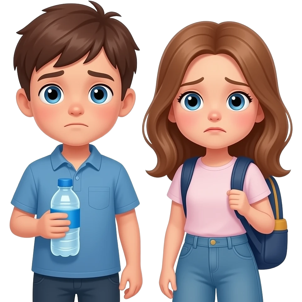 chico y chica  cansados el chico castanyo i con pelo corto y la chica pelo suelto y un poco rubia pero castaño avellana y los dos tienen ojos azules son hermanos el chico con una cantimplora de agua i la chica con una mochila. estan depie i cansados. emoji