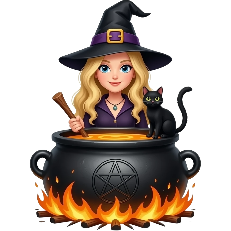 Witch with blonde hair, cauldron, pentagram, black cat, bap emoji